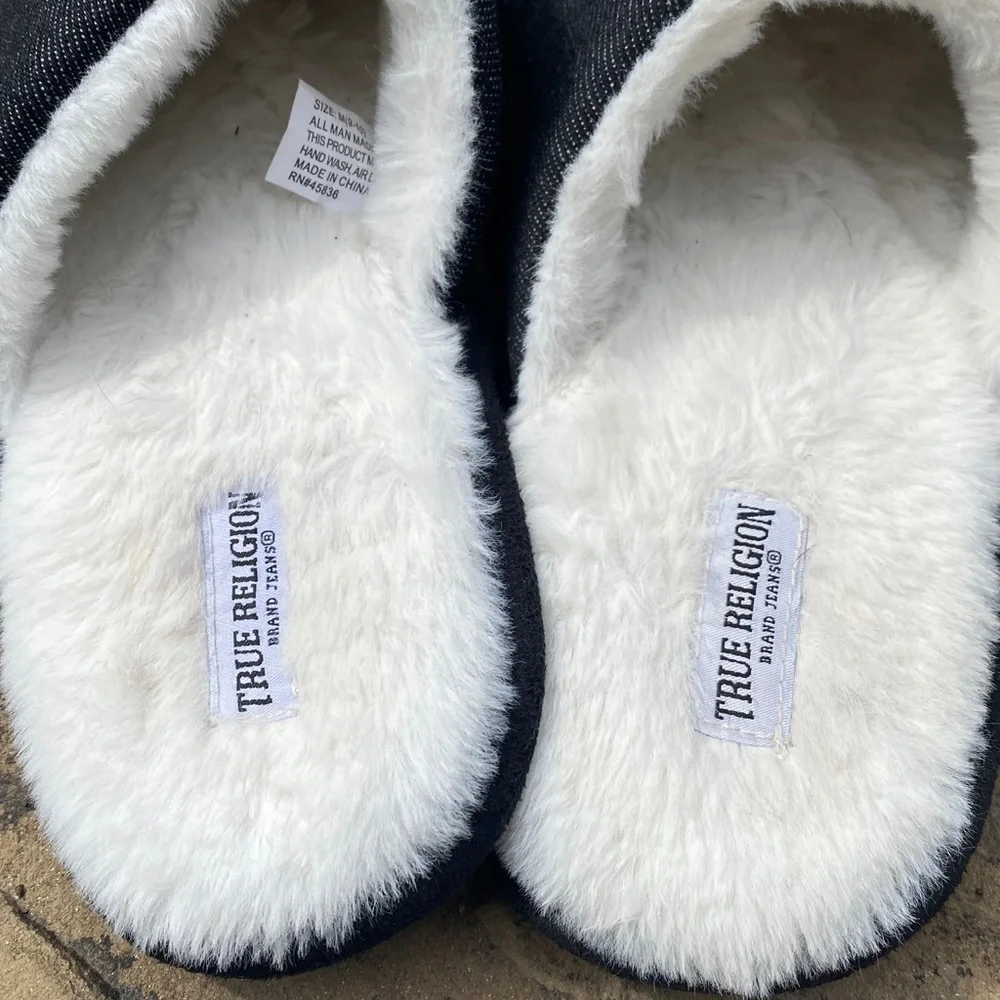 True Religion black denim slippers mens 9/10 faux fur soft comfy loungewear